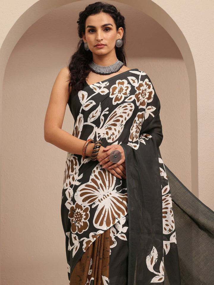 Black Printed Cotton Saree With Unstitched Blouse Piece