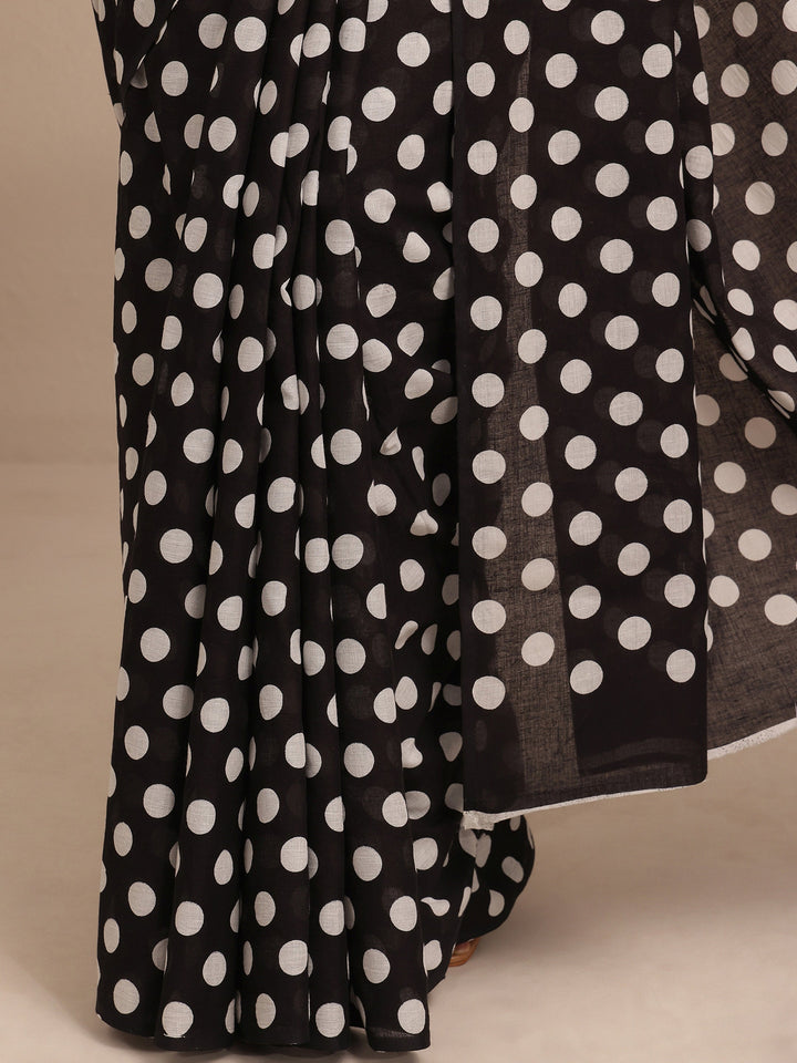 Black Polka Dots Printed Cotton Saree With Unstitched Blouse Piece