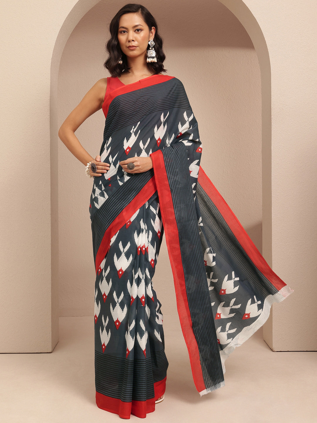 Black Ikat Printed Cotton Saree With Unstitched Blouse Piece