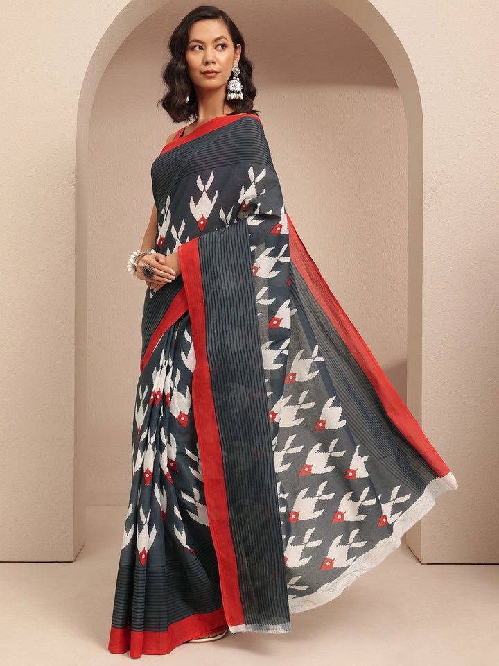 Black Ikat Printed Cotton Saree With Unstitched Blouse Piece