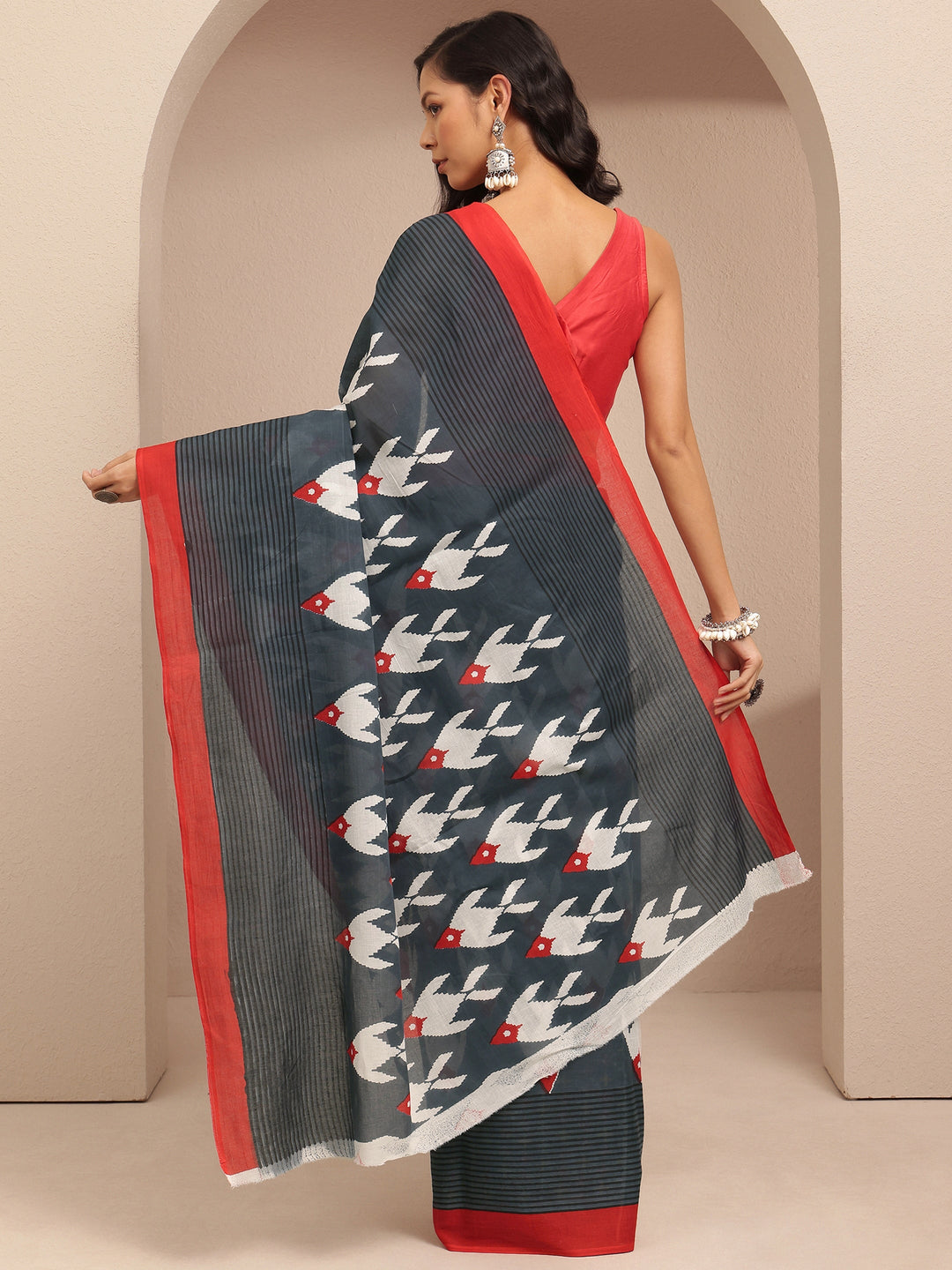 Black Ikat Printed Cotton Saree With Unstitched Blouse Piece