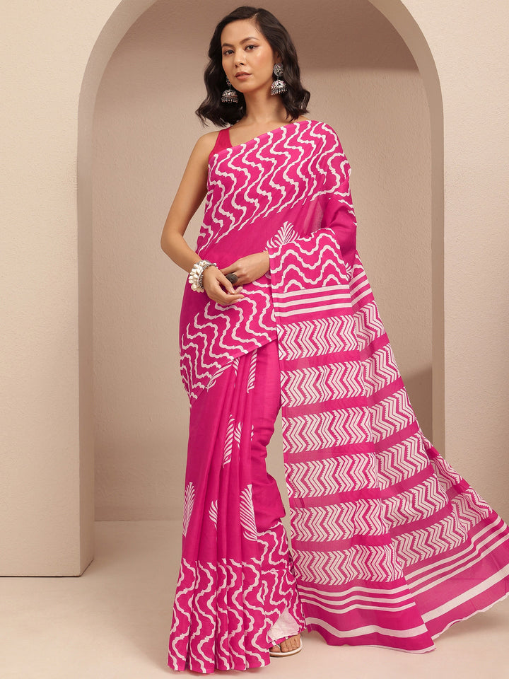 Pink Printed Cotton Saree With Unstitched Blouse Piece