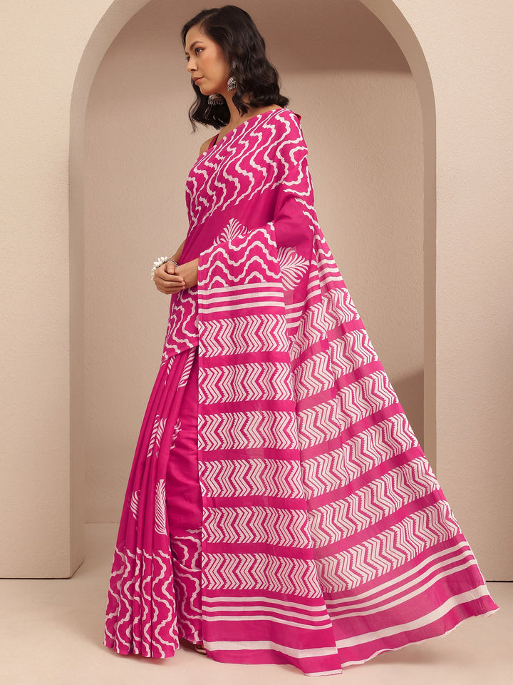 Pink Printed Cotton Saree With Unstitched Blouse Piece