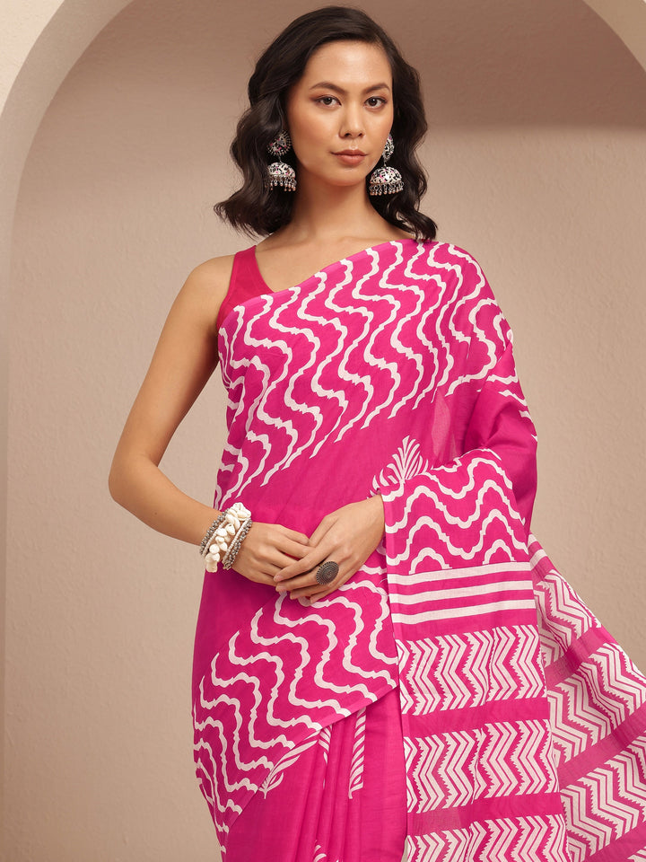 Pink Printed Cotton Saree With Unstitched Blouse Piece