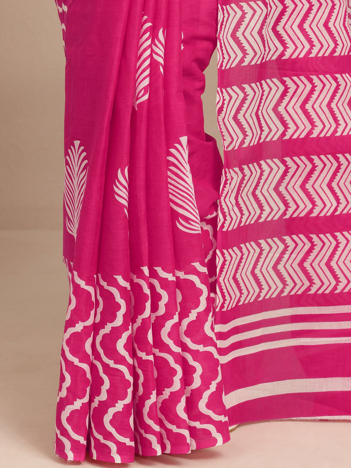 Pink Printed Cotton Saree With Unstitched Blouse Piece