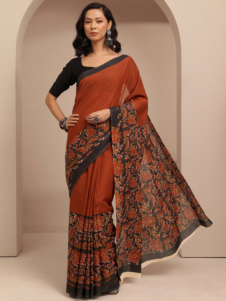 Rust Solid Cotton Saree With Unstitched Blouse Piece