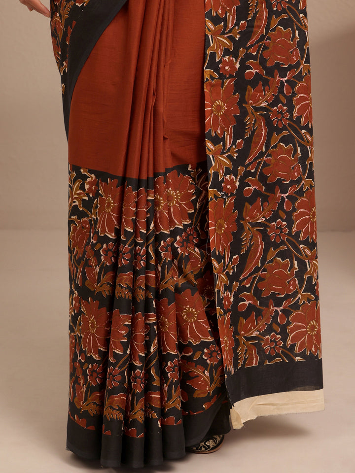 Rust Solid Cotton Saree With Unstitched Blouse Piece