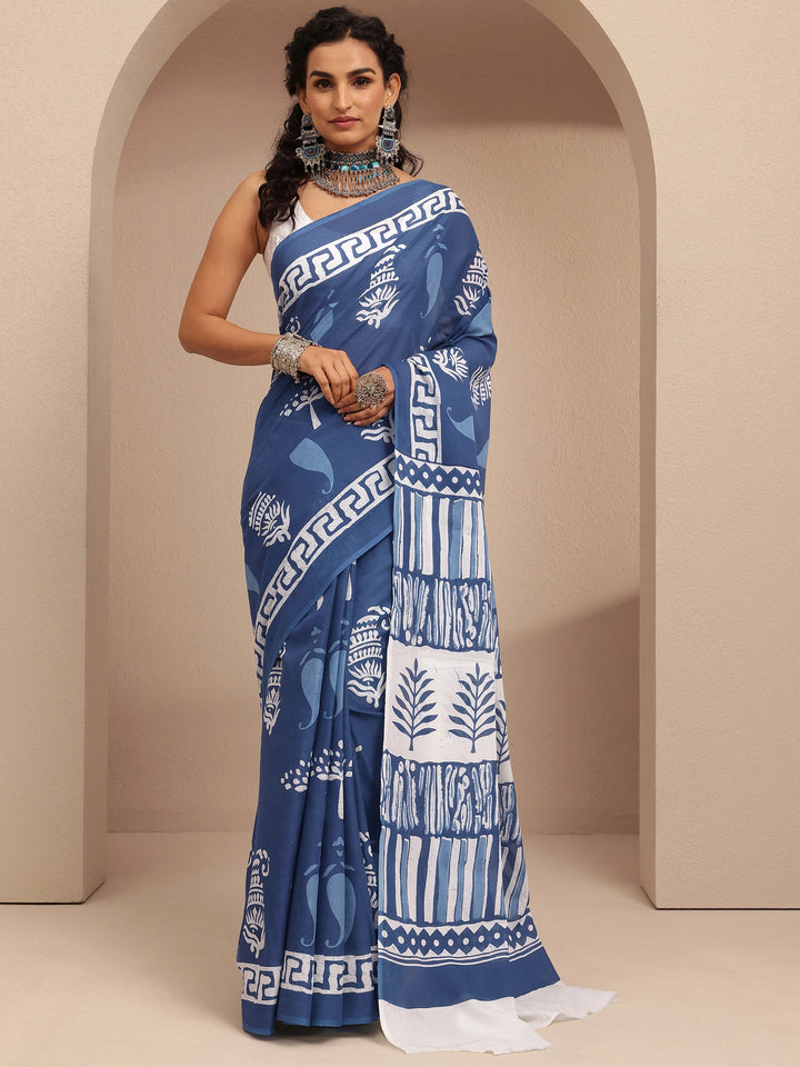Blue Printed Cotton Saree With Unstitched Blouse Piece