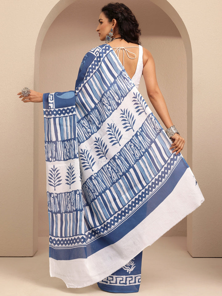 Blue Printed Cotton Saree With Unstitched Blouse Piece