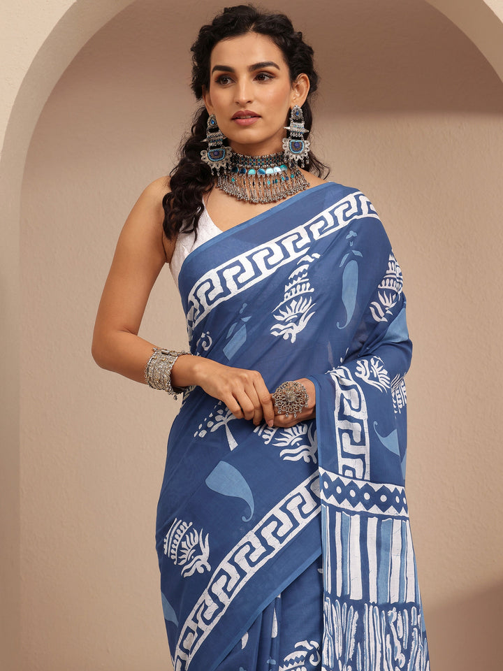 Blue Printed Cotton Saree With Unstitched Blouse Piece