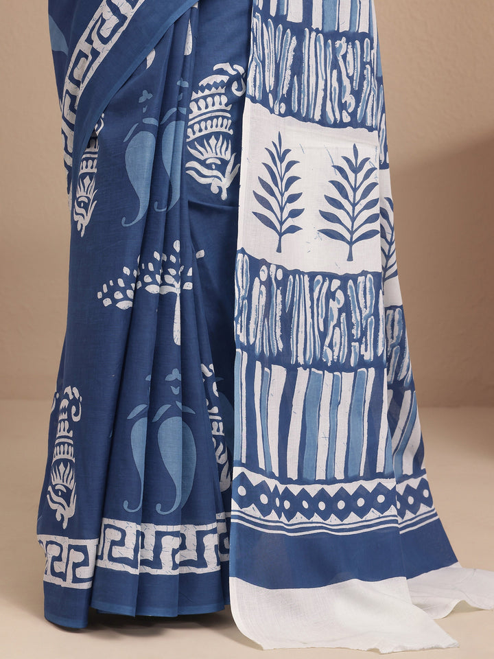 Blue Printed Cotton Saree With Unstitched Blouse Piece