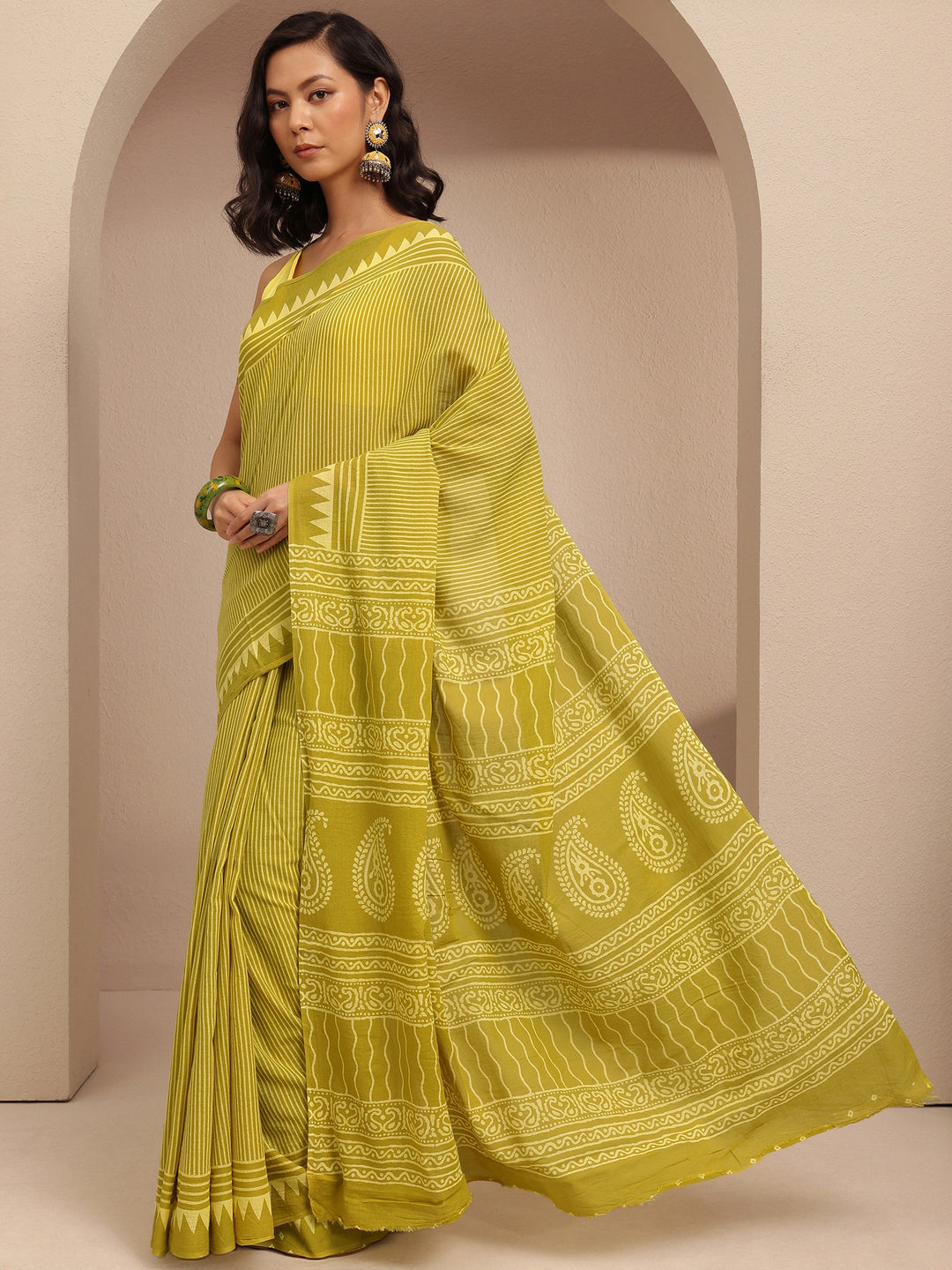 Lime Green Striped Printed Cotton Saree With Unstitched Blouse Piece