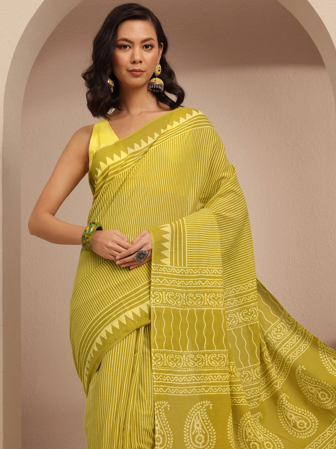 Lime Green Striped Printed Cotton Saree With Unstitched Blouse Piece