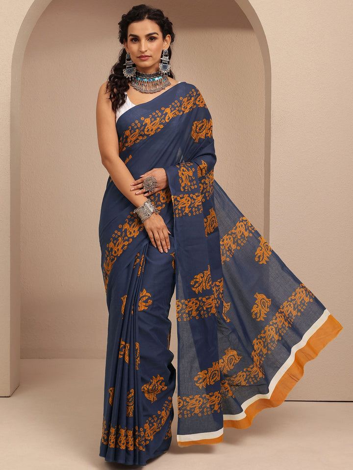 Navy Blue Printed Cotton Saree With Unstitched Blouse Piece