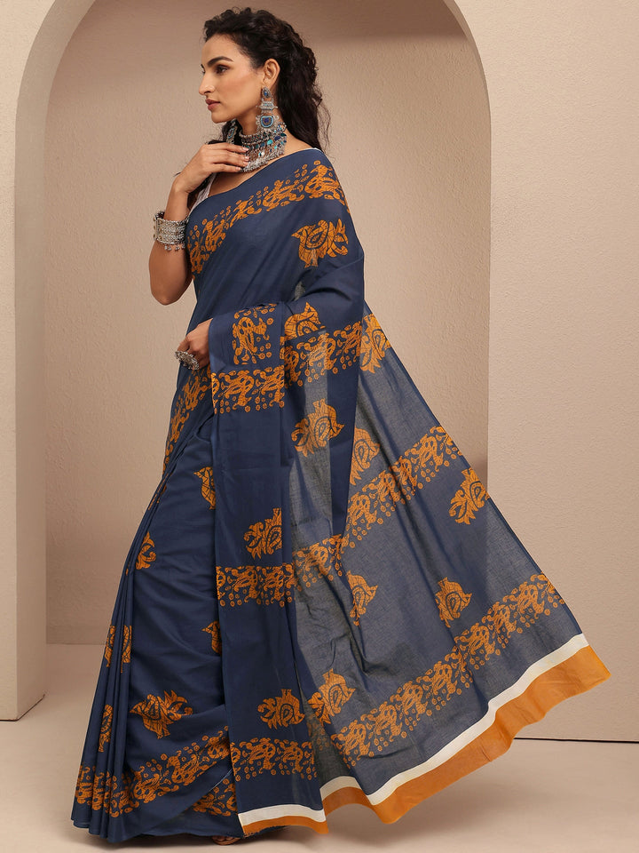 Navy Blue Printed Cotton Saree With Unstitched Blouse Piece