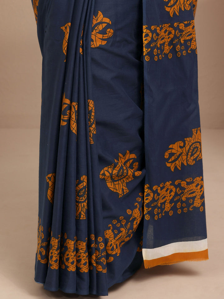 Navy Blue Printed Cotton Saree With Unstitched Blouse Piece