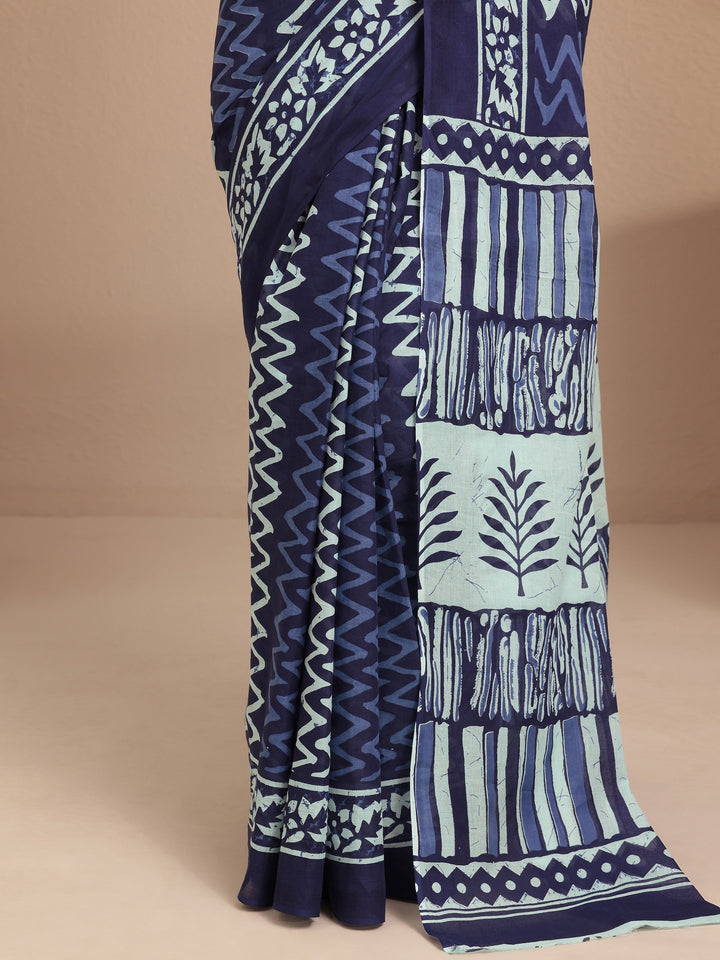 Navy Blue Chevron Printed Cotton Saree With Unstitched Blouse Piece