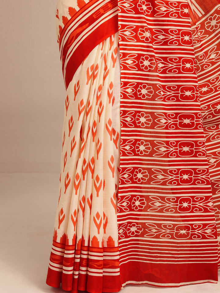 Red Ikat Printed Cotton Saree With Unstitched Blouse Piece