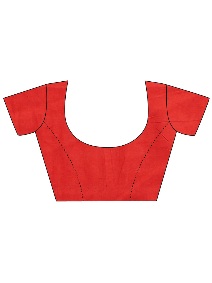 Red Ikat Printed Cotton Saree With Unstitched Blouse Piece