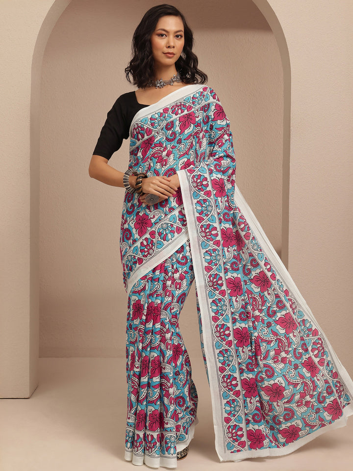 Multi Printed Cotton Saree With Unstitched Blouse Piece