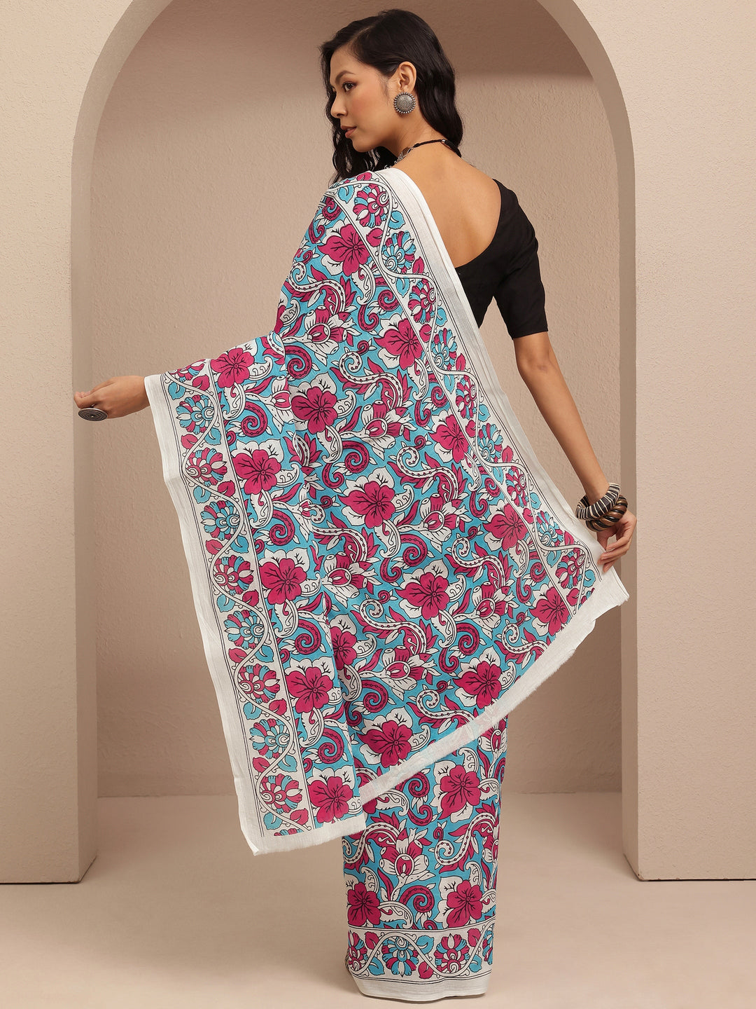 Multi Printed Cotton Saree With Unstitched Blouse Piece