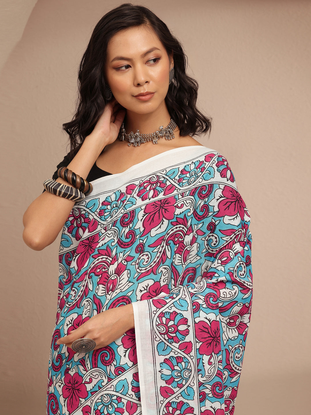 Multi Printed Cotton Saree With Unstitched Blouse Piece