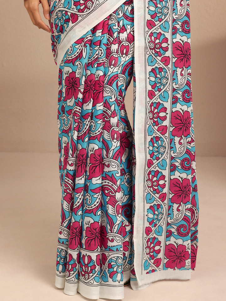 Multi Printed Cotton Saree With Unstitched Blouse Piece