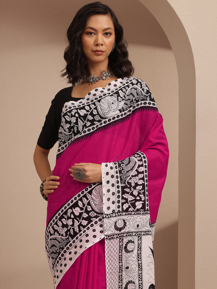 Pink Solid Cotton Saree With Unstitched Blouse Piece