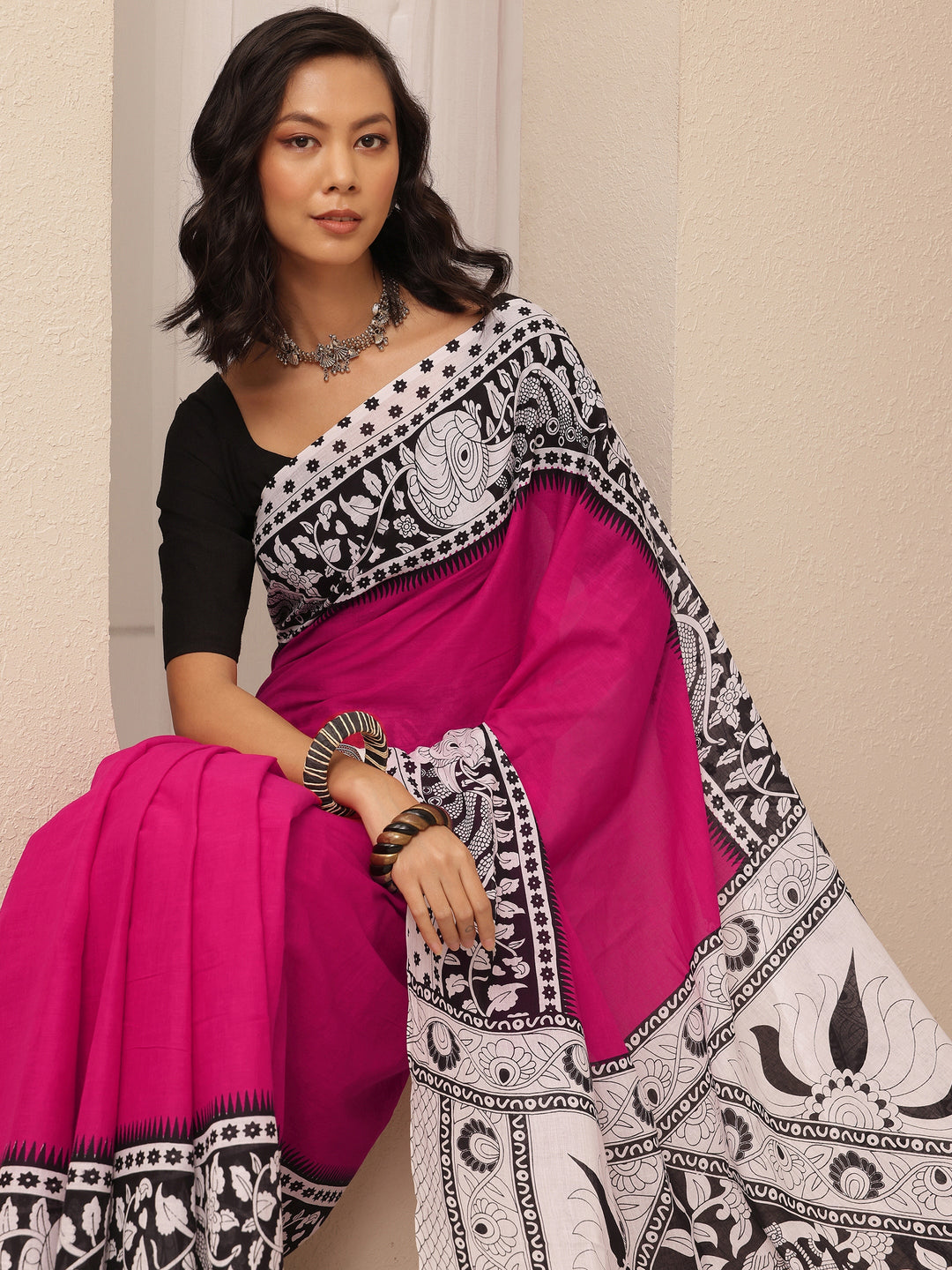 Pink Solid Cotton Saree With Unstitched Blouse Piece