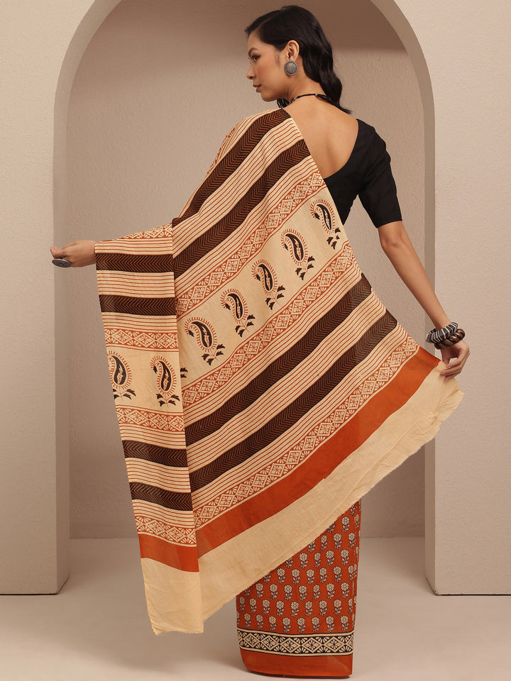 Rust Printed Cotton Saree With Unstitched Blouse Piece