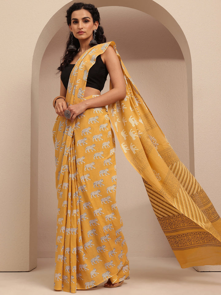 Yellow Printed Cotton Saree With Unstitched Blouse Piece