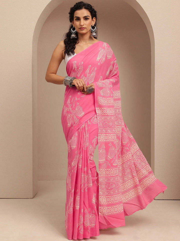 Pink Printed Cotton Saree With Unstitched Blouse Piece