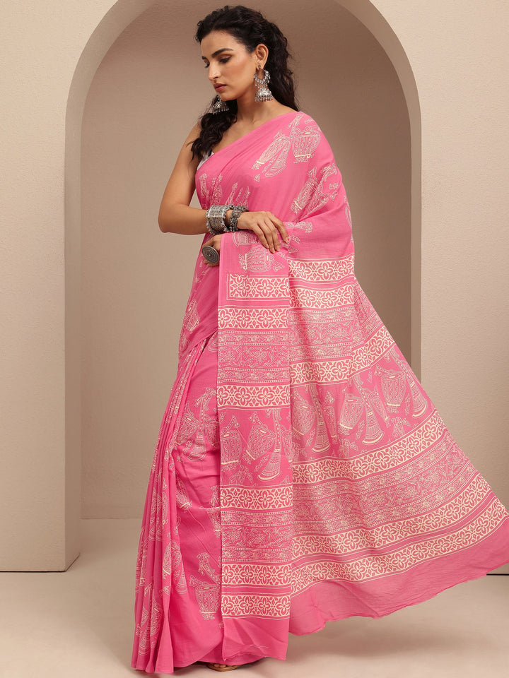 Pink Printed Cotton Saree With Unstitched Blouse Piece