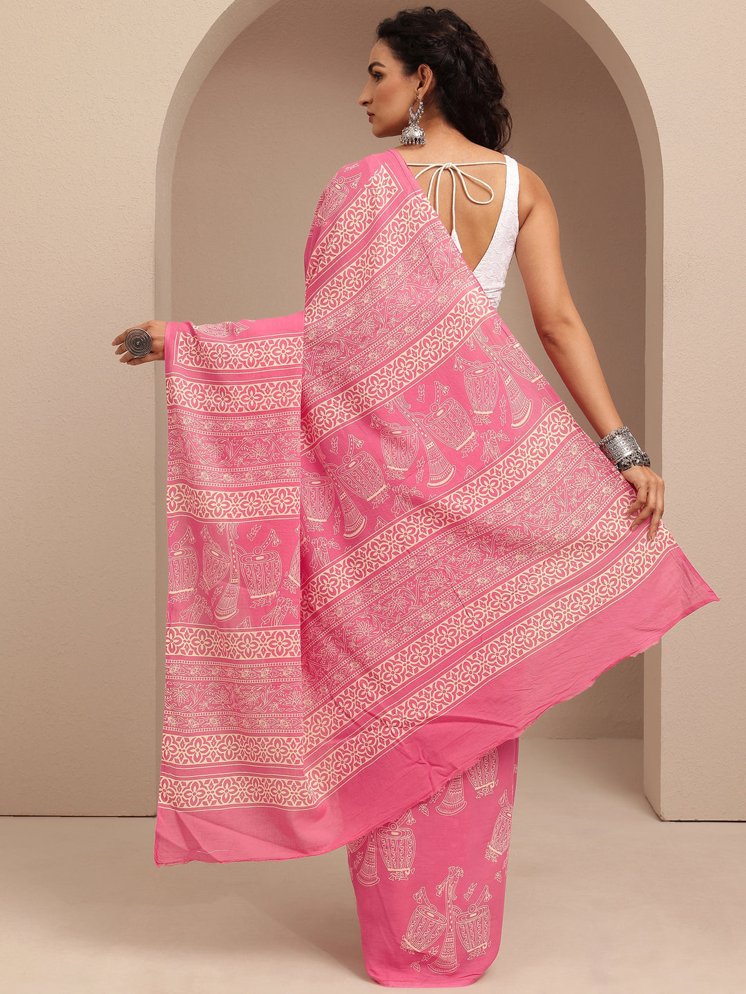 Pink Printed Cotton Saree With Unstitched Blouse Piece
