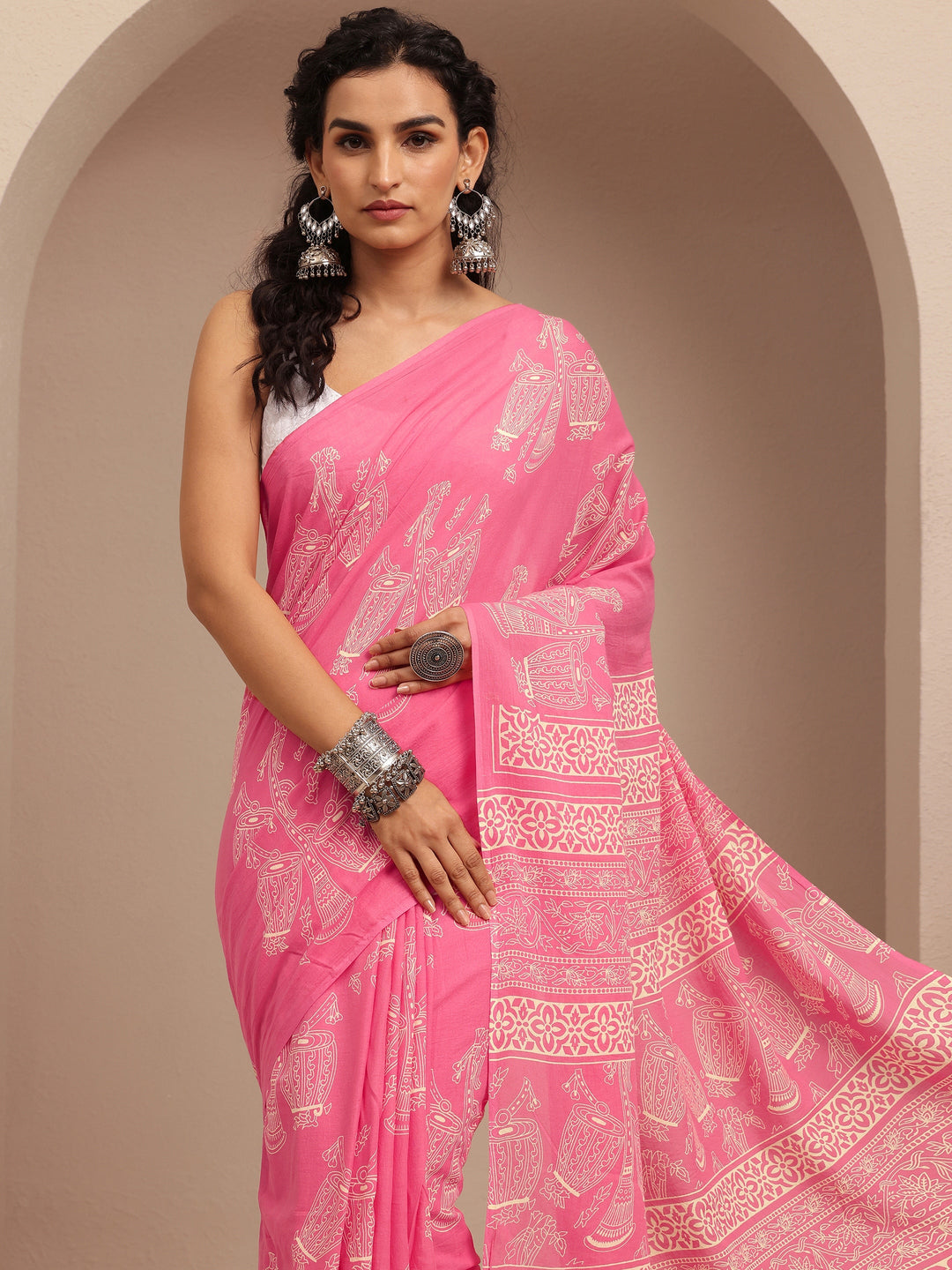 Pink Printed Cotton Saree With Unstitched Blouse Piece