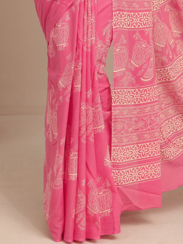 Pink Printed Cotton Saree With Unstitched Blouse Piece