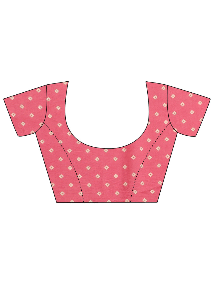 Pink Printed Cotton Saree With Unstitched Blouse Piece