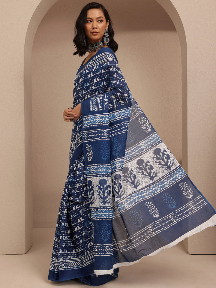 Blue Block Printed Cotton Saree With Unstitched Blouse Piece
