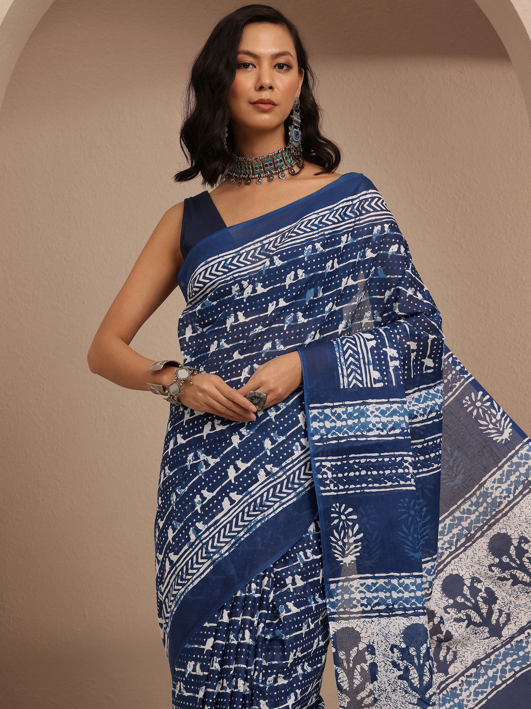 Blue Block Printed Cotton Saree With Unstitched Blouse Piece