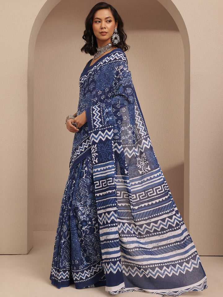 Navy Blue Printed Cotton Saree With Unstitched Blouse Piece