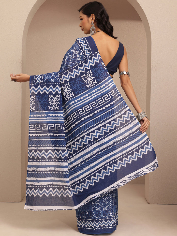 Navy Blue Printed Cotton Saree With Unstitched Blouse Piece