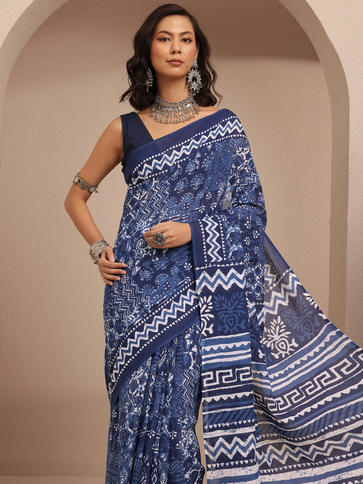 Navy Blue Printed Cotton Saree With Unstitched Blouse Piece