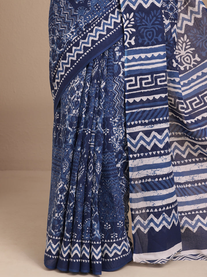Navy Blue Printed Cotton Saree With Unstitched Blouse Piece