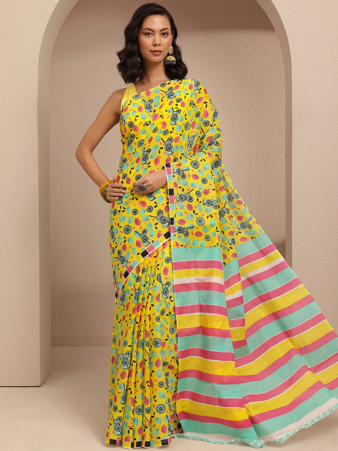 Yellow Abstract Printed Cotton Saree With Unstitched Blouse Piece
