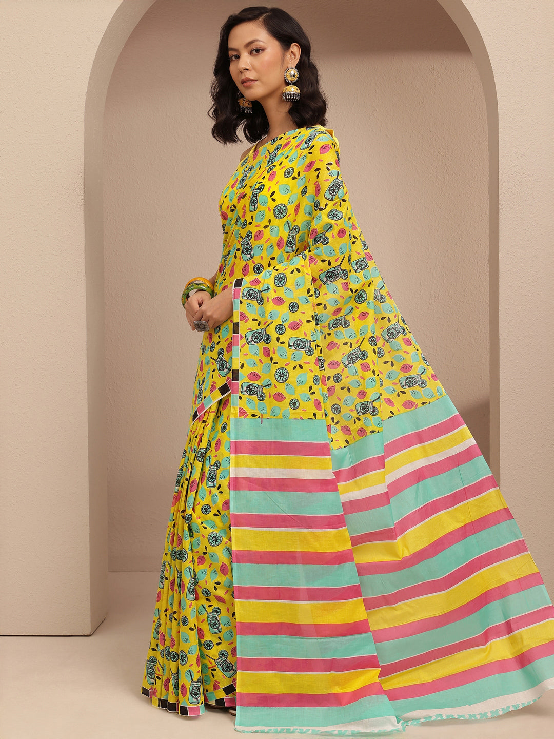 Yellow Abstract Printed Cotton Saree With Unstitched Blouse Piece