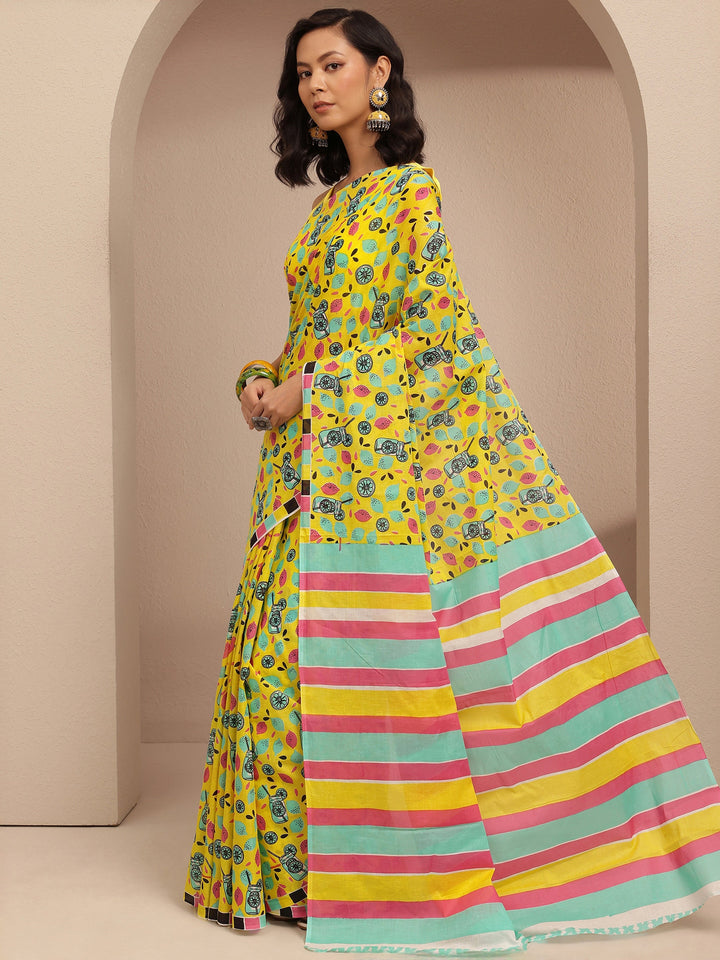 Yellow Abstract Printed Cotton Saree With Unstitched Blouse Piece