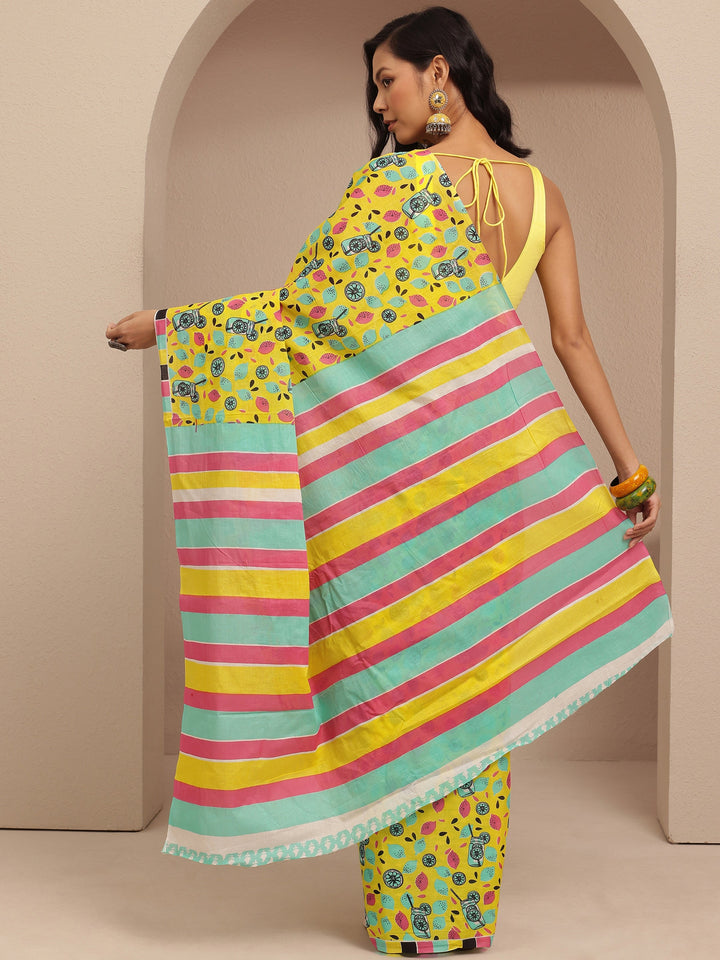 Yellow Abstract Printed Cotton Saree With Unstitched Blouse Piece