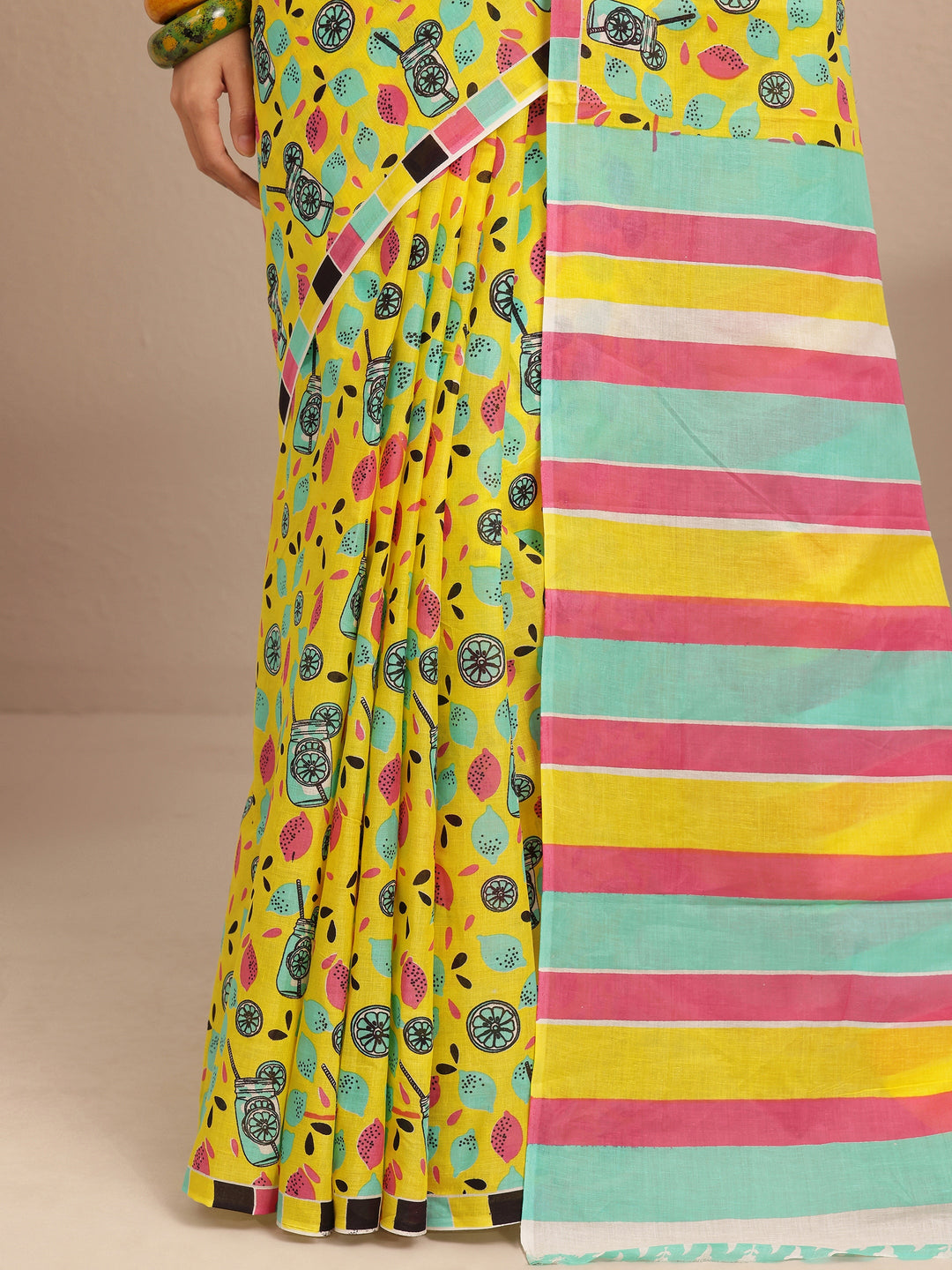 Yellow Abstract Printed Cotton Saree With Unstitched Blouse Piece
