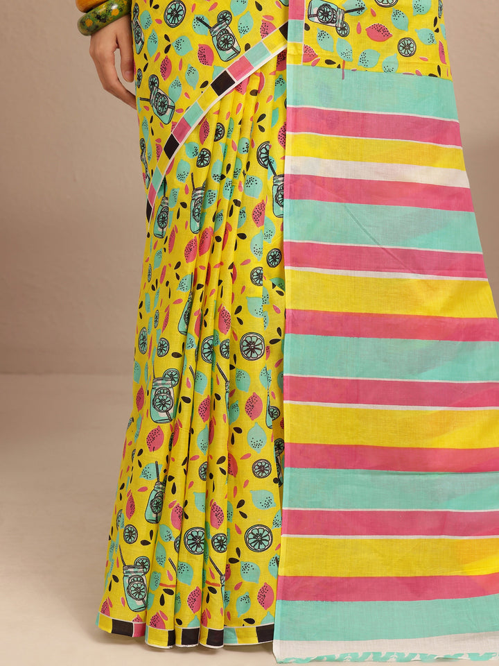 Yellow Abstract Printed Cotton Saree With Unstitched Blouse Piece