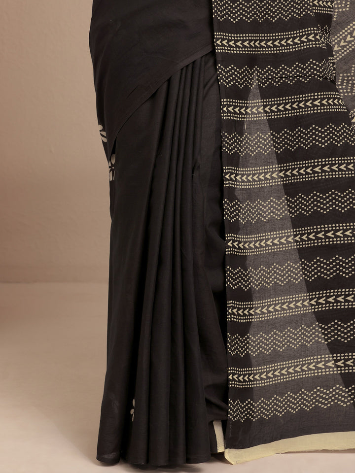Black Printed Cotton Saree With Unstitched Blouse Piece